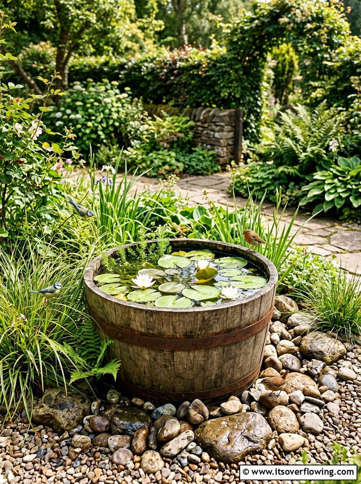 Rain barrel pond water feature - 25 creative garden ideas with rain barrel displays
