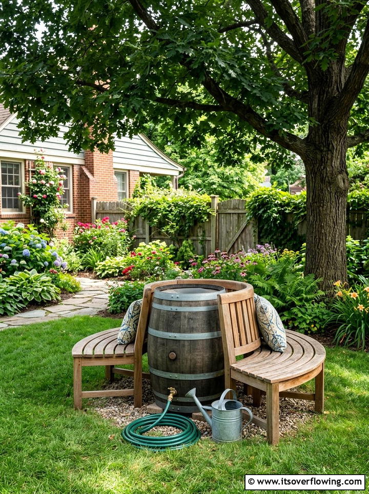 Rain barrel with built in bench - 25 creative garden ideas with rain barrel displays
