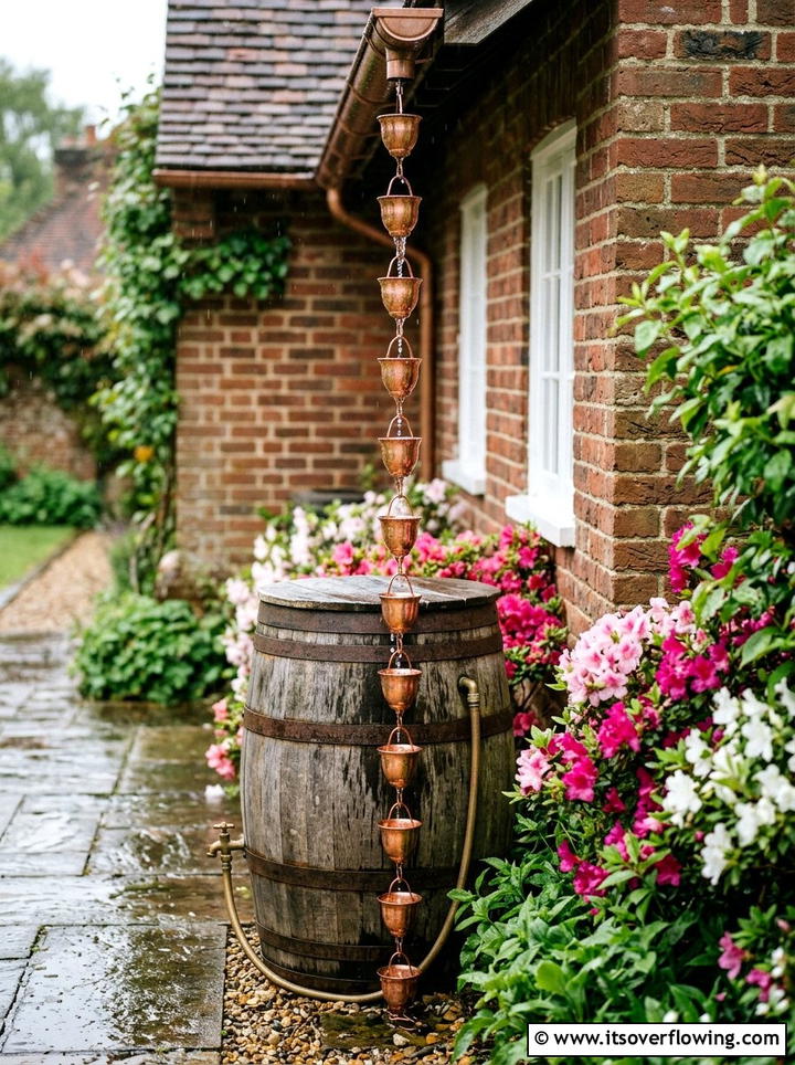 Rain barrel with copper downspout chain - 25 creative garden ideas with rain barrel displays
