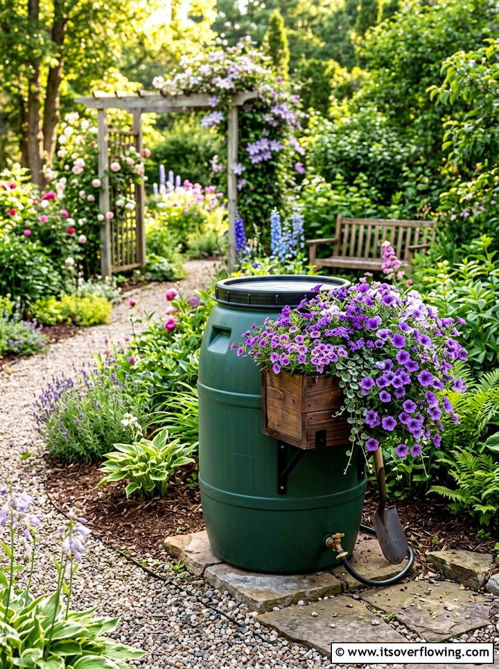 Rain barrel with flower box - 25 cheap garden ideas with rain barrels