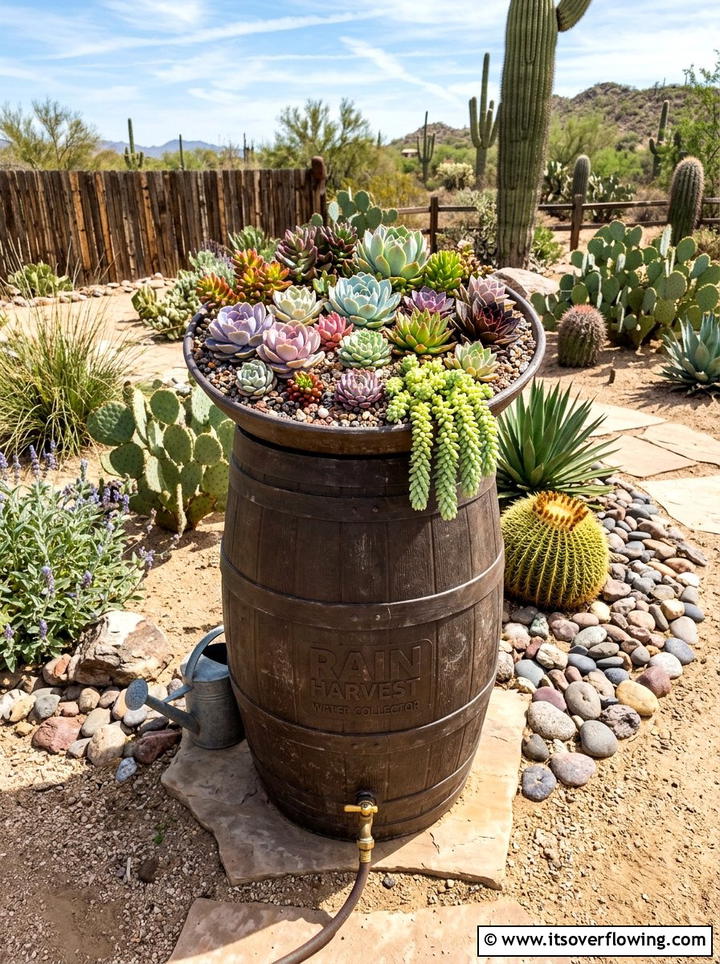 Rain barrel with succulent garden top - 25 creative garden ideas with rain barrel displays