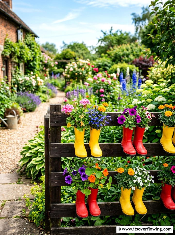 Rain boot garden fence - 25 upcycled garden ideas with vertical gardens