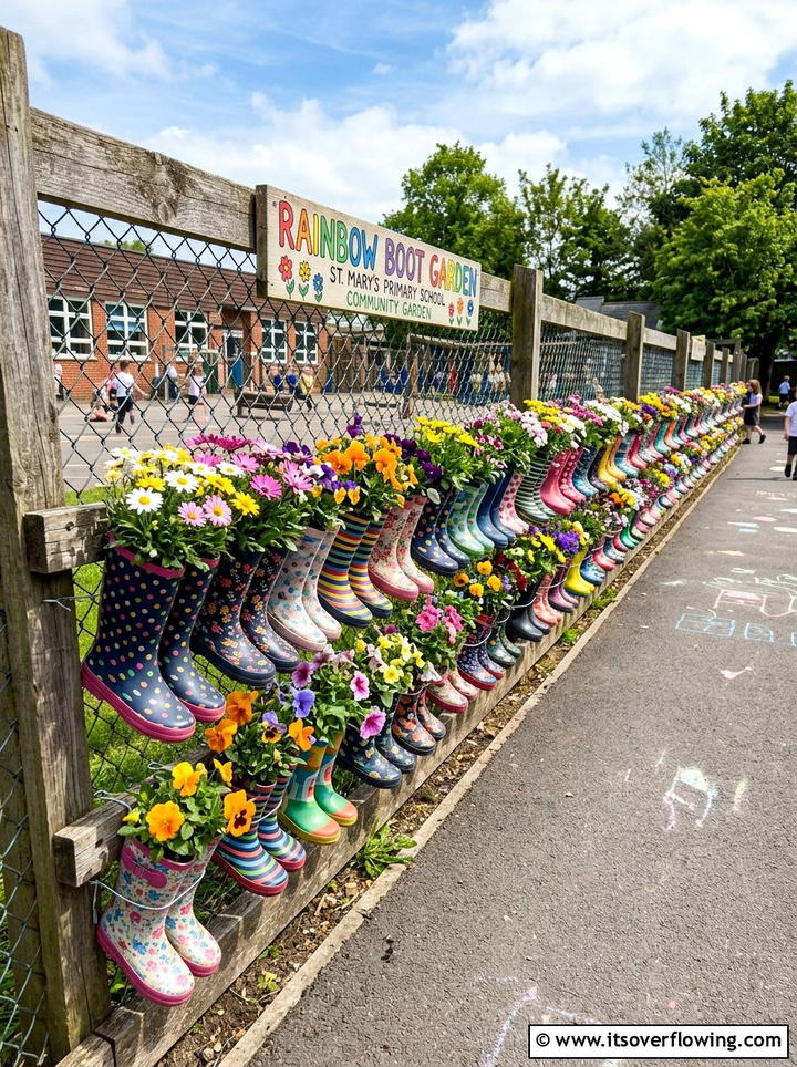 Rain boot garden - 25 recycled garden ideas for school projects