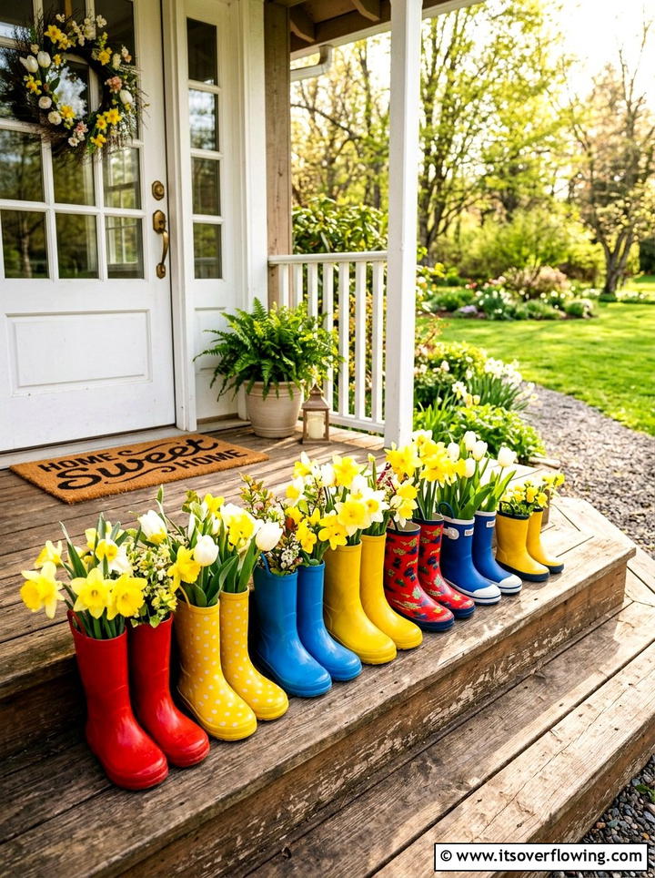Rain boot planter - 25 cheap garden ideas with thrifted decor