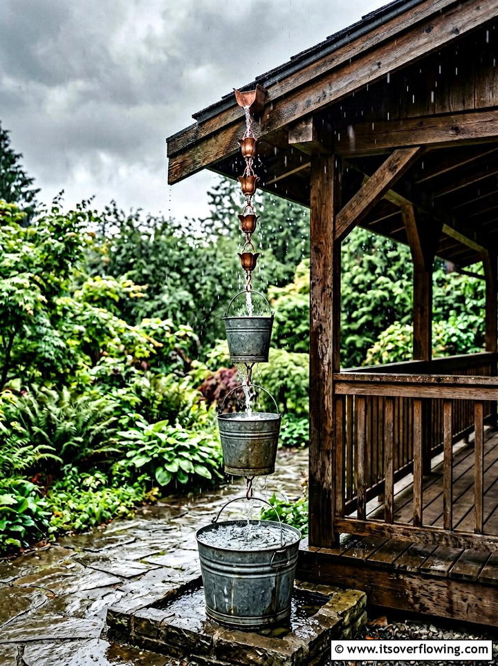 Rain chain metal bucket - 25 recycled garden ideas with rainwater collection