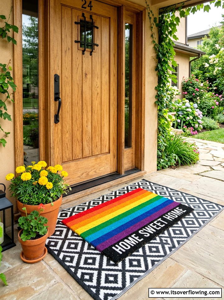 Rainbow Doormat - 25 front porch decor ideas with bright colors
