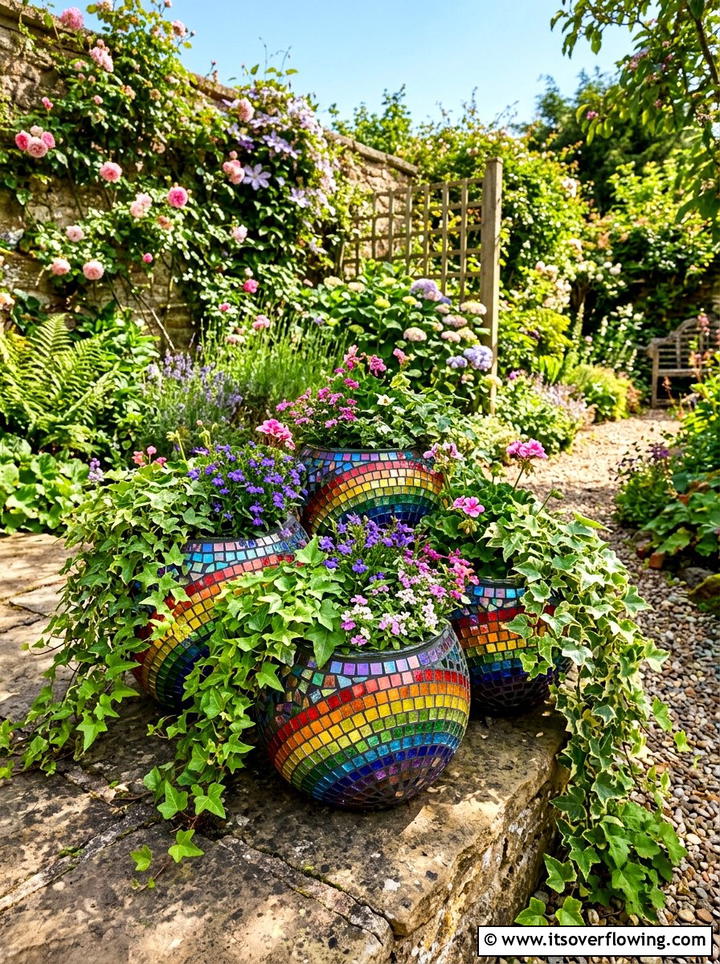 Rainbow Glass Mosaic Planters - 25 creative garden ideas with mosaic planters