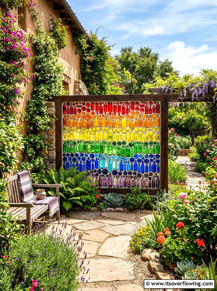 Rainbow bottle wall feature - 25 creative garden ideas with hanging bottle planters