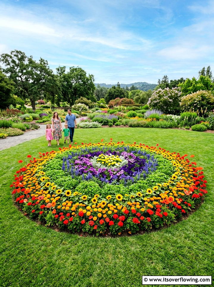 Rainbow flower circle - 25 creative garden ideas with mandala gardens