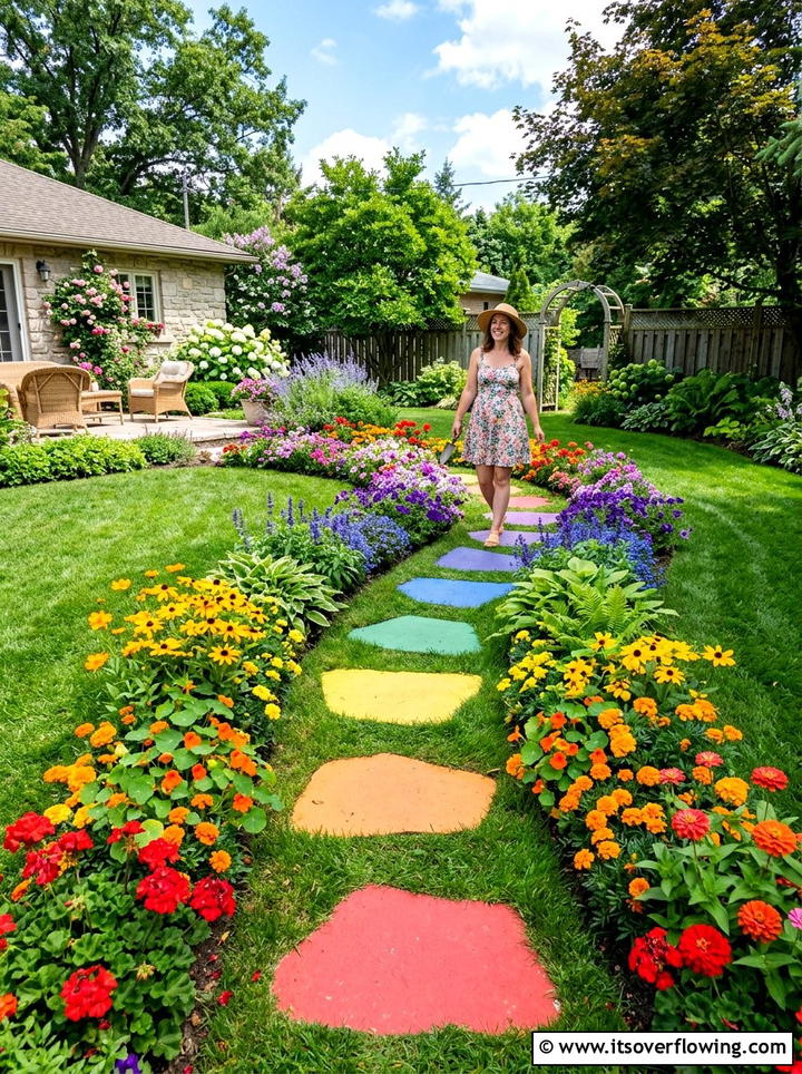 Rainbow garden walkway - 25 creative garden ideas with painted stepping stones