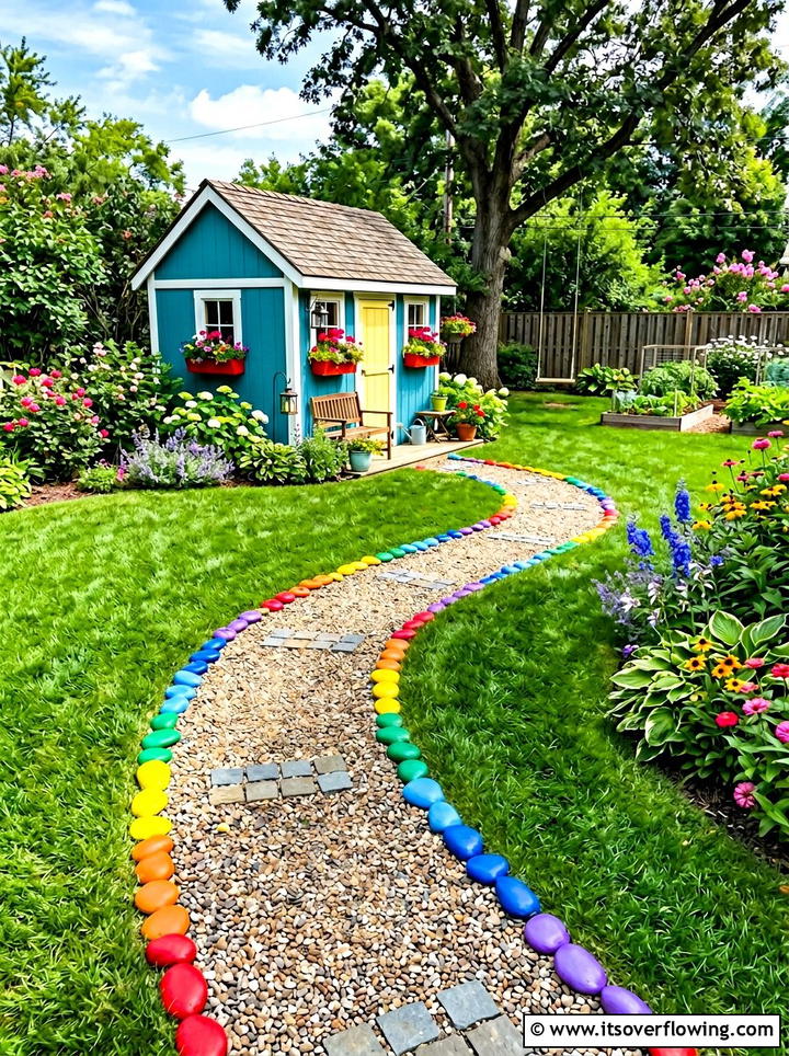 Rainbow rock border - 25 garden decor ideas with painted rocks