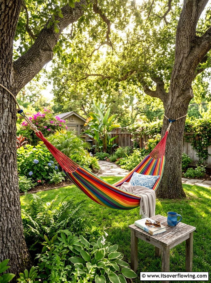 Rainbow striped hammock - 25 garden decor ideas with colorful accents