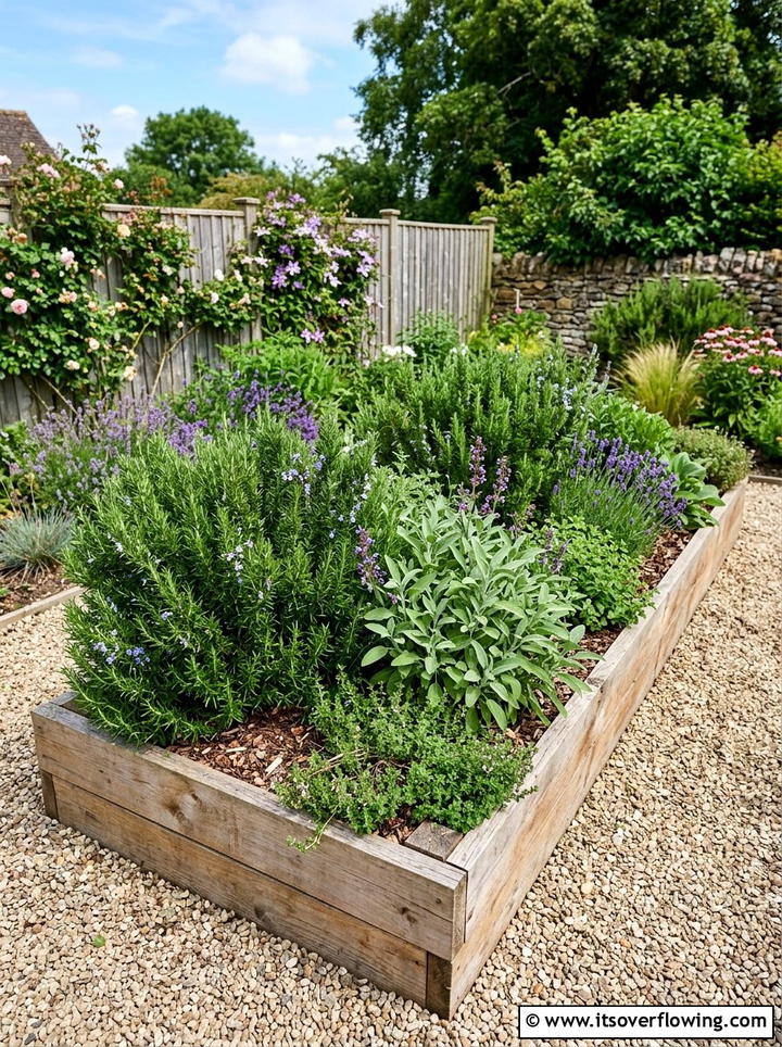 Raised bed with drought resistant herbs - 25 cheap garden ideas with low maintenance plants