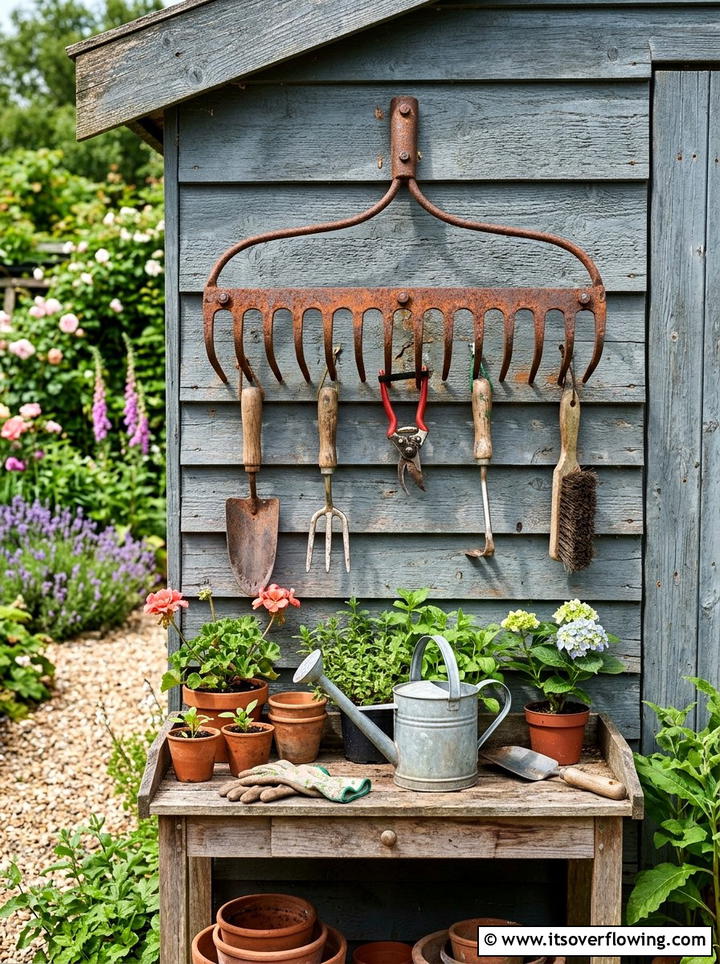 Rake Head Garden Tool Organizer - 25 backyard ideas with upcycled decor