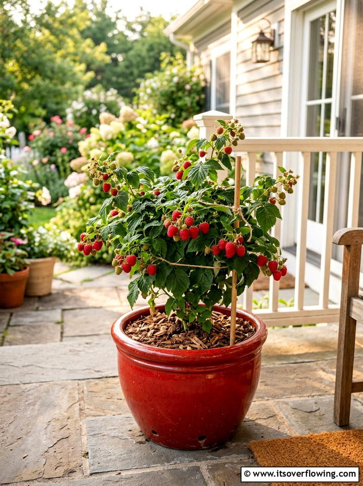 Raspberry Bush Containers - 25 front porch ideas with edible plants