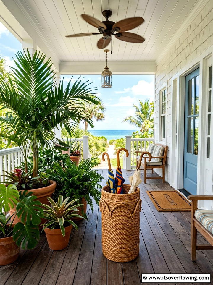 Rattan Entryway Umbrella Storage - 25 front porch ideas with umbrella stand