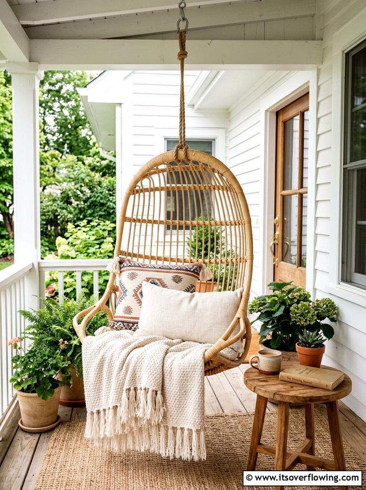 Rattan Hanging Chair - 25 front porch decor ideas with boho textures