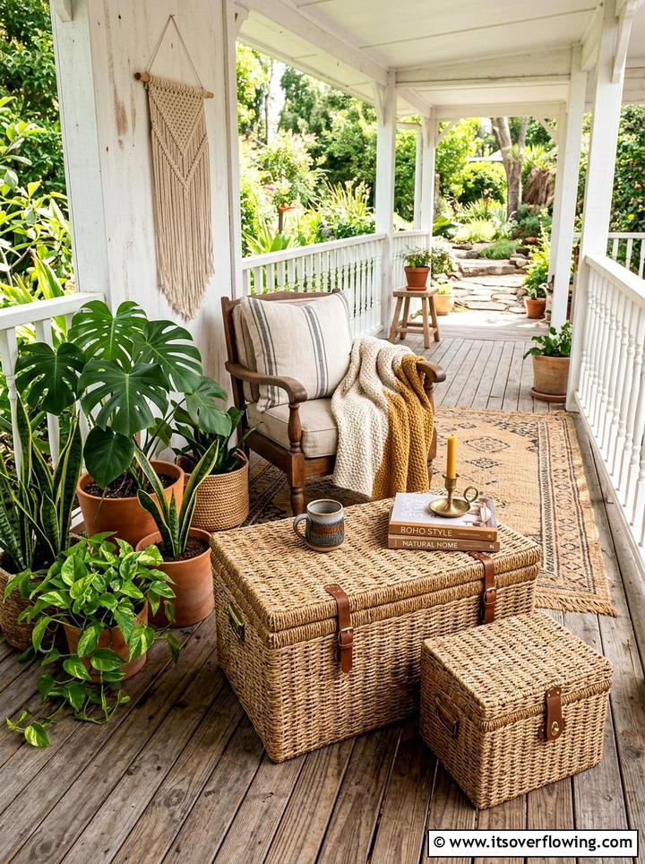 Rattan Side Table - 25 front porch decor ideas with boho textures