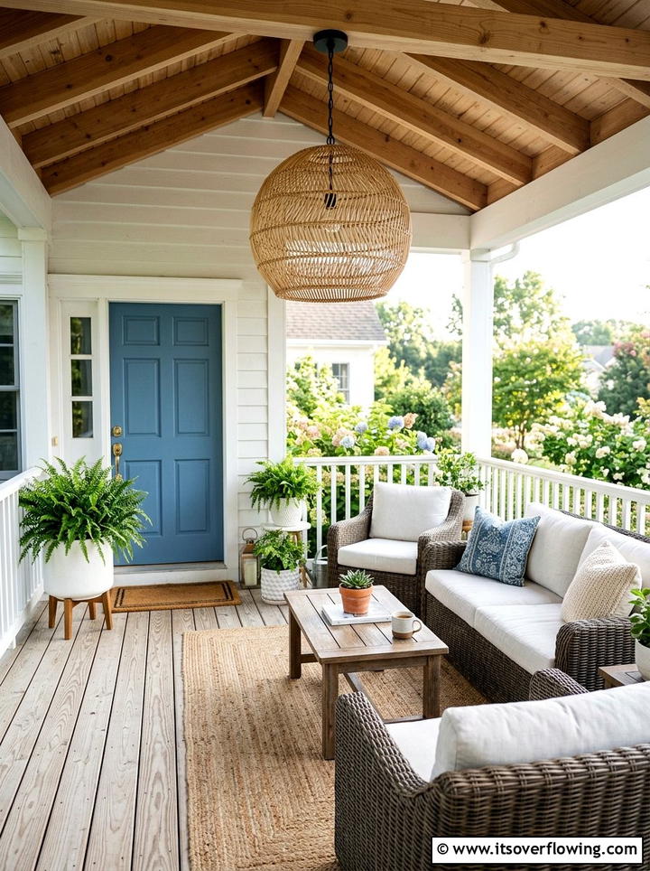 Rattan hanging pendant light - 25 front porch decor ideas with layered lighting