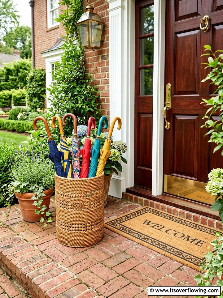 Rattan umbrella stand basket - 25 front porch decor ideas with baskets