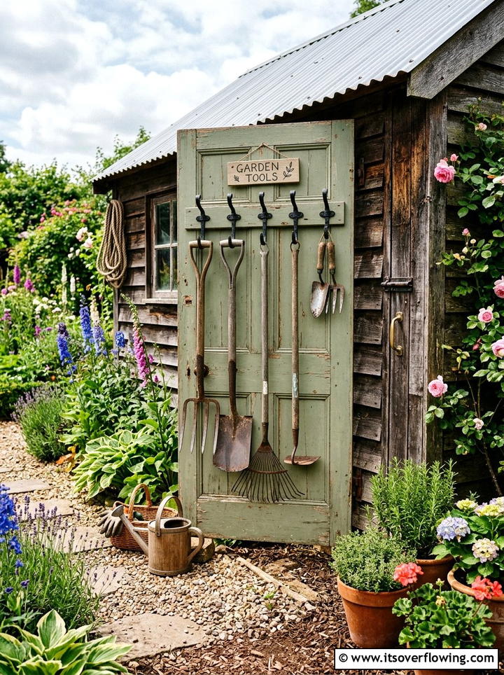 Reclaimed Door Garden Tool Rack - 25 backyard decorating ideas with old door decor