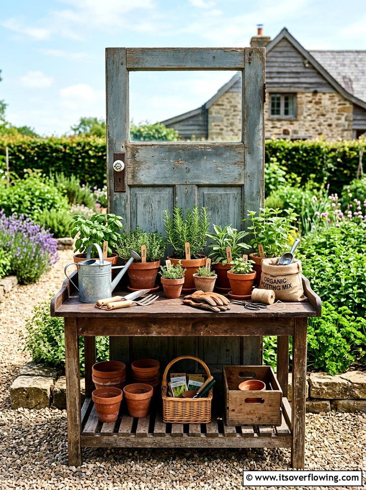 Reclaimed Door Potting Bench - 25 backyard decorating ideas with old door decor