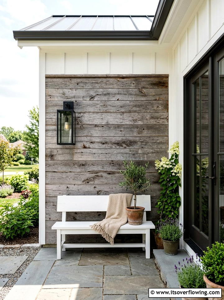 Reclaimed Wood Accent - 25 front porch decor ideas with farmhouse charm