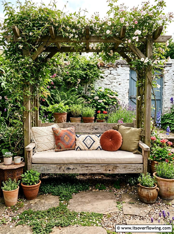 Reclaimed Wood Bench - 25 small garden ideas with boho style