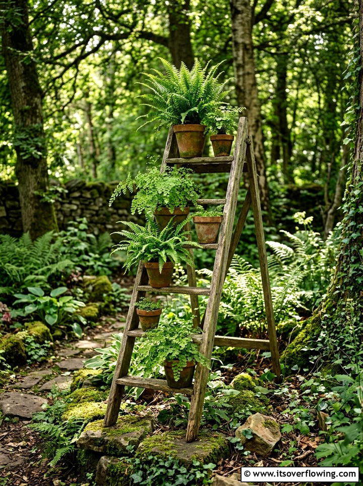 Reclaimed Wood Fern Ladder - 25 garden decor ideas with floral ladders