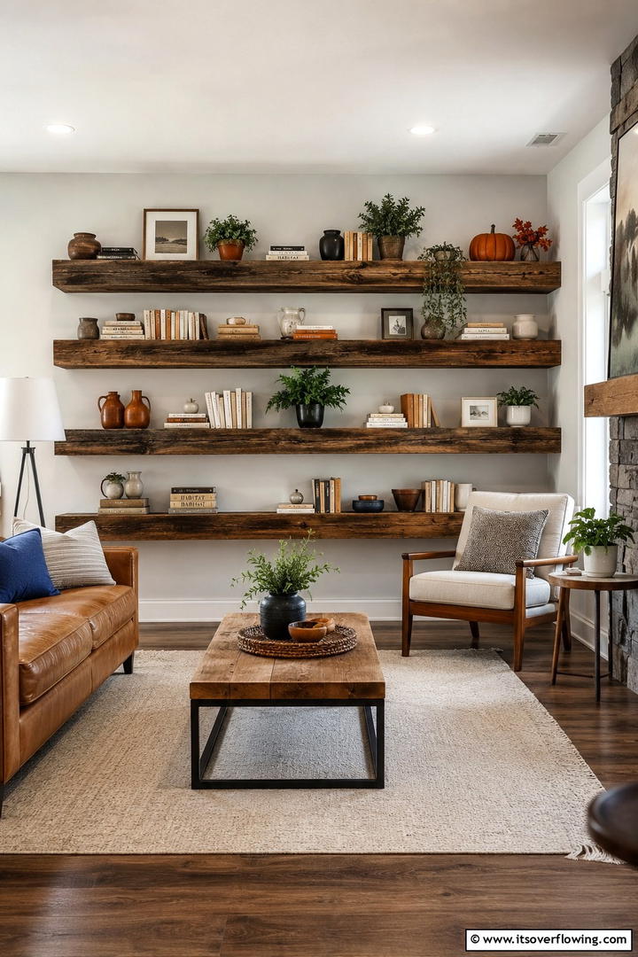Reclaimed Wood Shelving - 50 Living Room Fall Decor Ideas for Cozy Autumn Updates