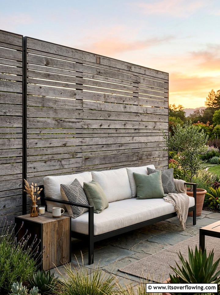 Reclaimed Wood Slat Wall - 25 upcycled garden ideas with privacy screens