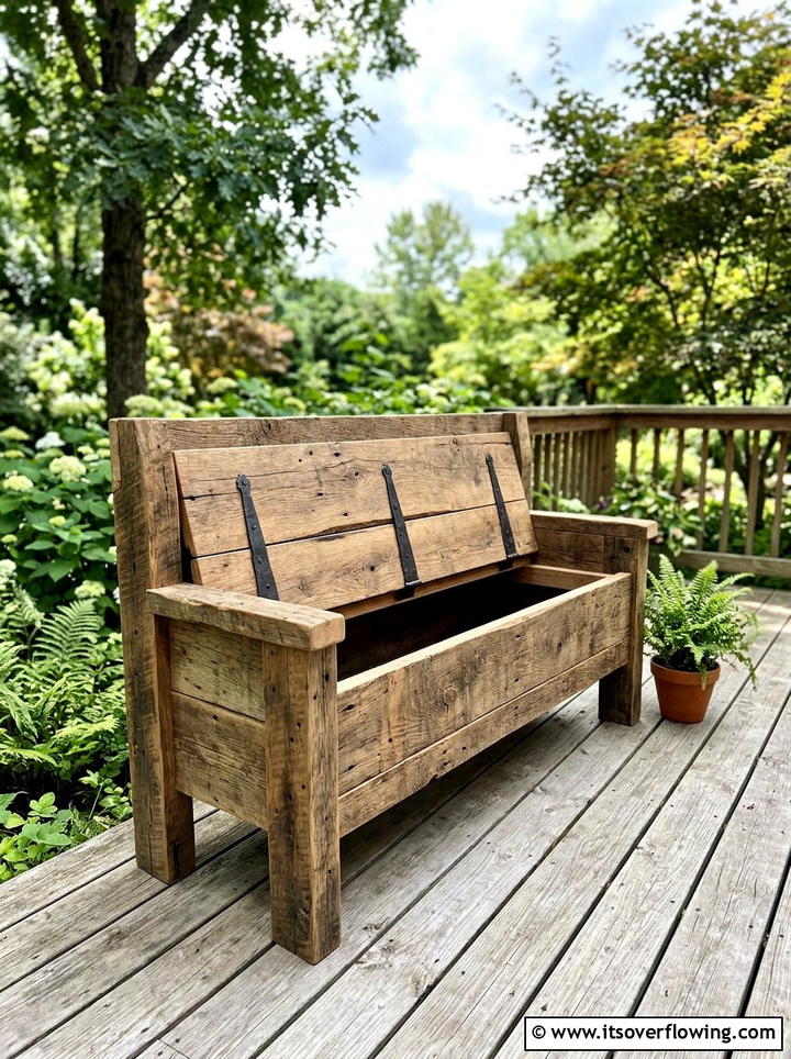 Reclaimed Wood Storage Bench - 25 backyard decorating ideas with reclaimed wood projects
