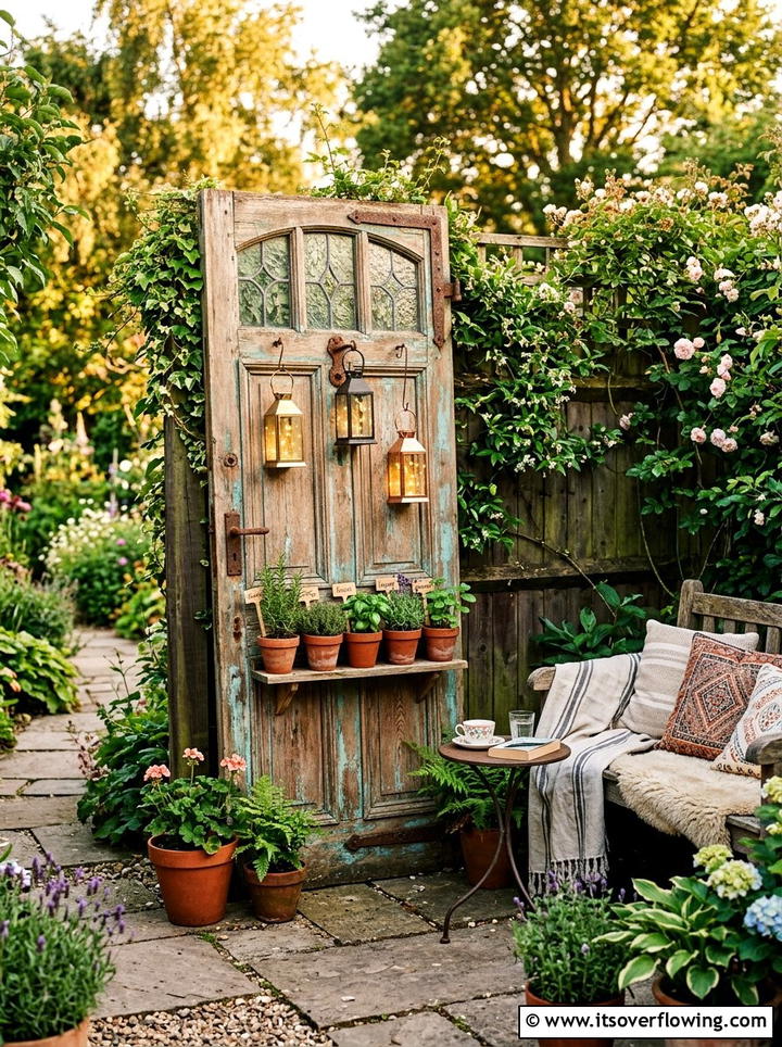 Reclaimed door garden backdrop - 25 reusing old things ideas for boho garden look
