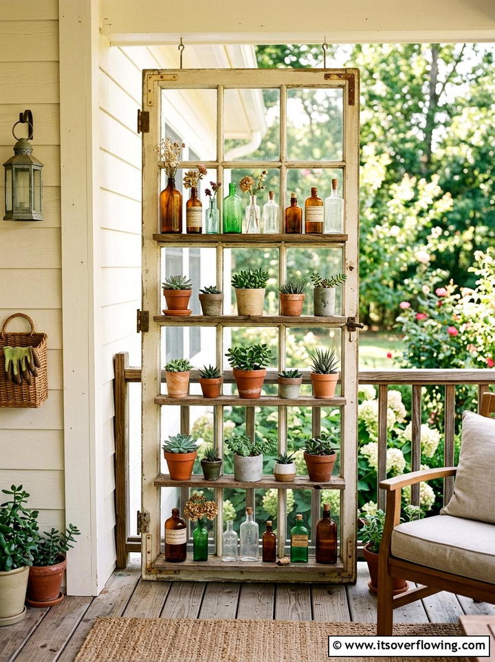 Reclaimed window shelving unit - 25 front porch ideas with repurposed windows