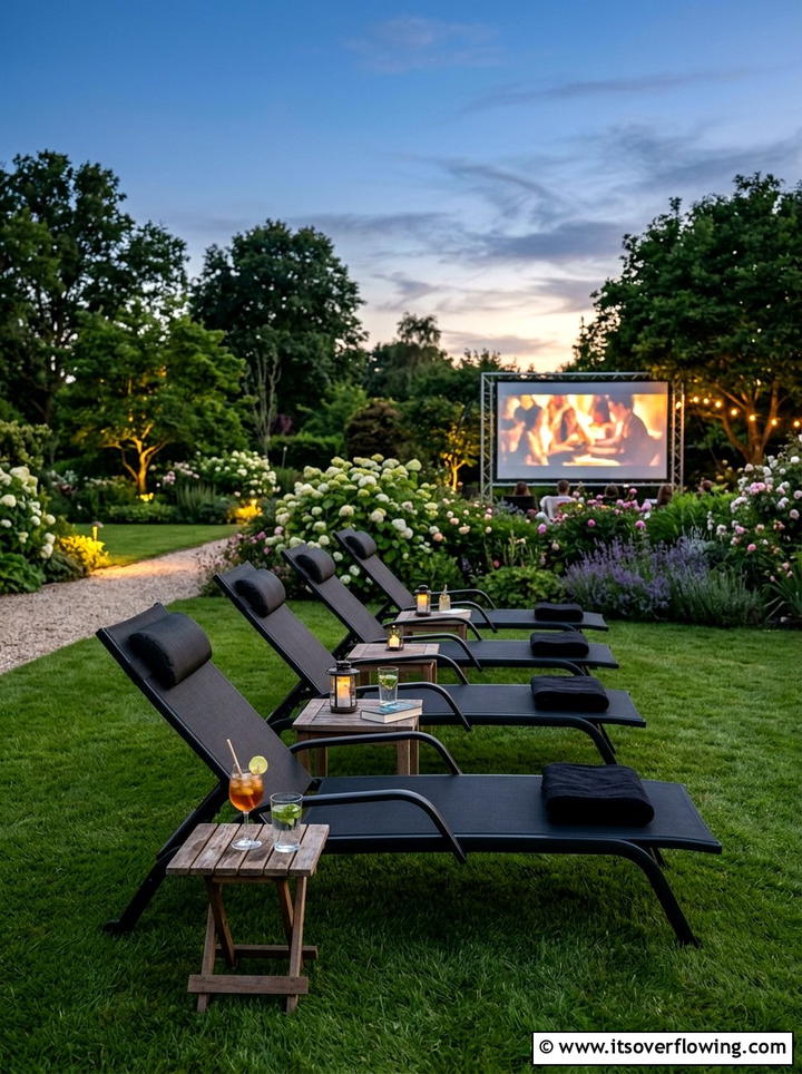 Reclining lawn chairs - 25 backyard ideas with outdoor movie setup