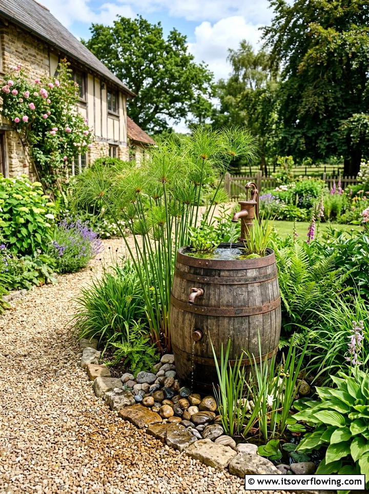 Recycled Barrel Water Feature - 25 small garden ideas with water feature