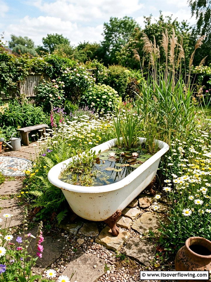 Recycled Bathtub Water Feature - 25 creative garden ideas with mini ponds