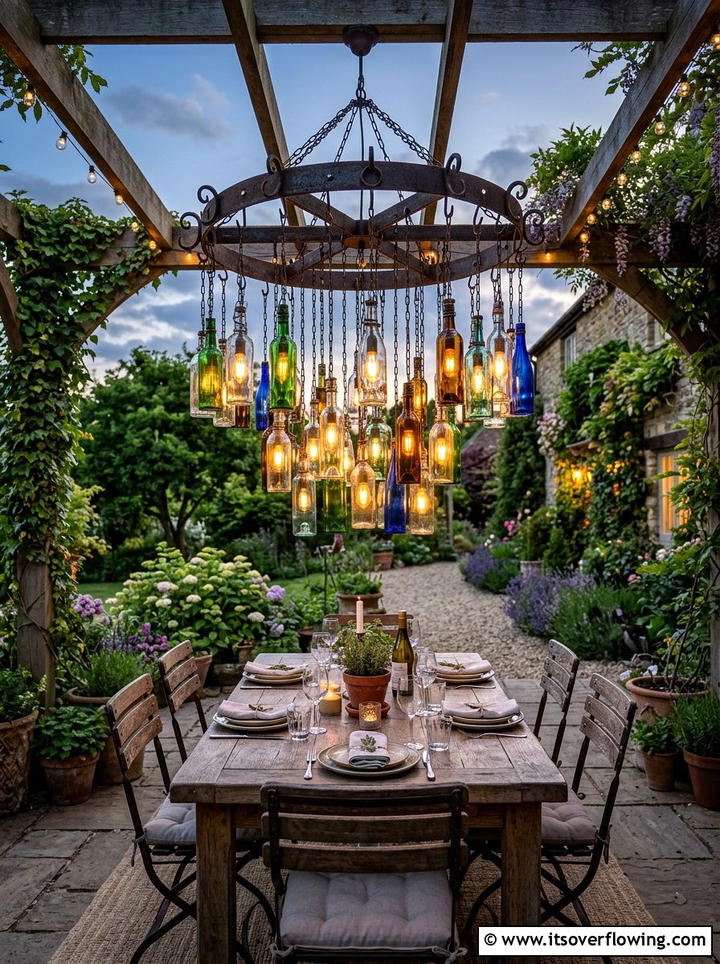 Recycled Bottle Chandelier - 25 garden ideas with bottle lights