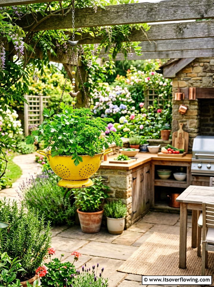 Recycled Colander Hanging Planter - 25 garden ideas with hanging planters