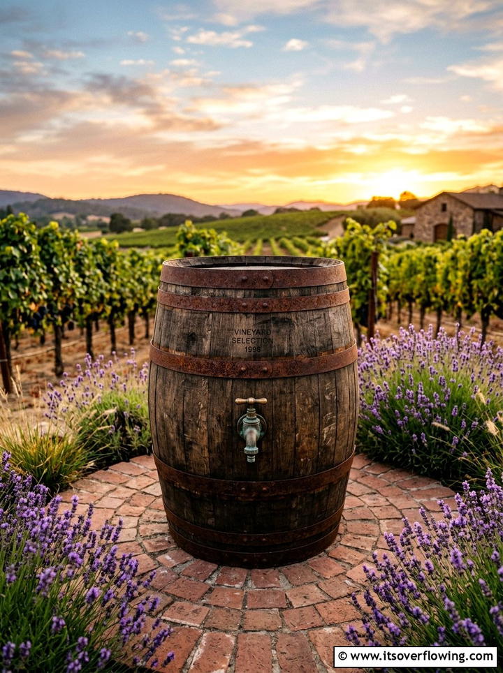 Recycled Oak Wine Barrel - 25 backyard ideas with rain barrel setup