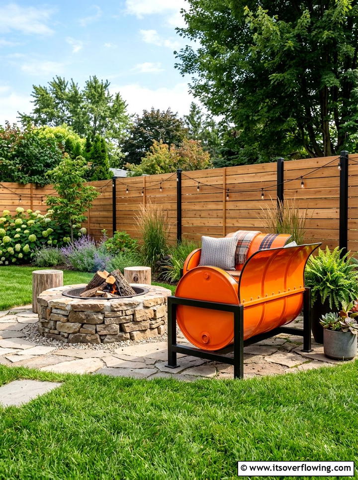 Recycled Oil Drum Bench - 25 recycled garden ideas with recycled metal art