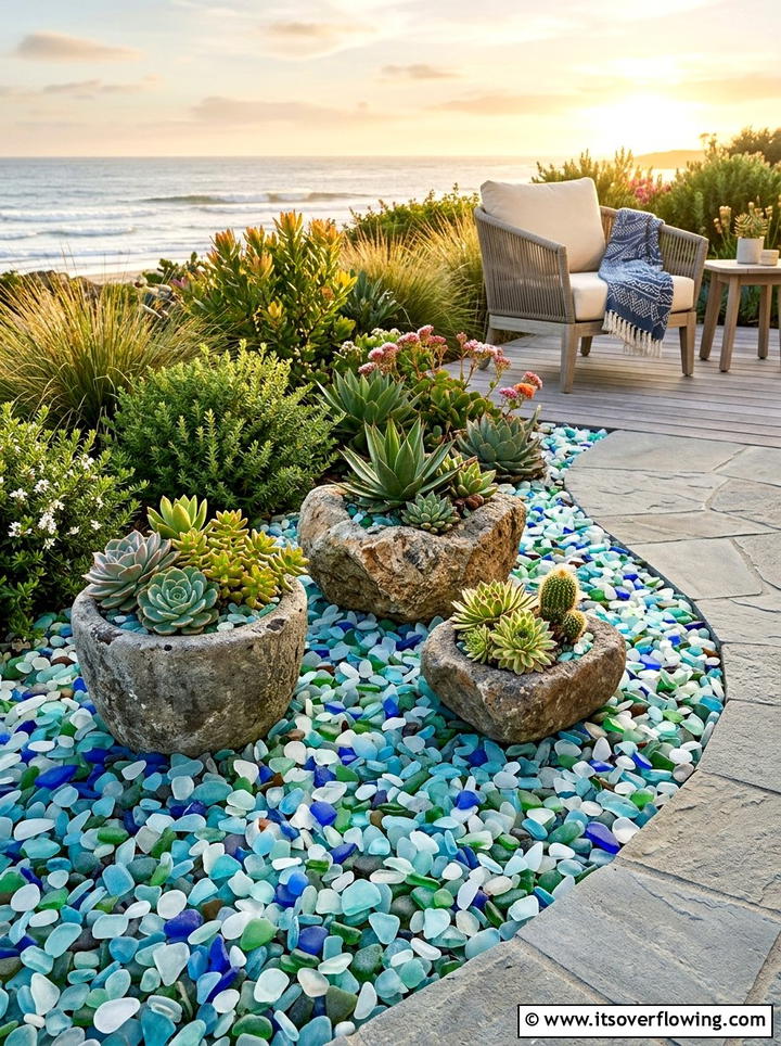 Recycled Sea Glass Mulch - 25 upcycled garden ideas with coastal style
