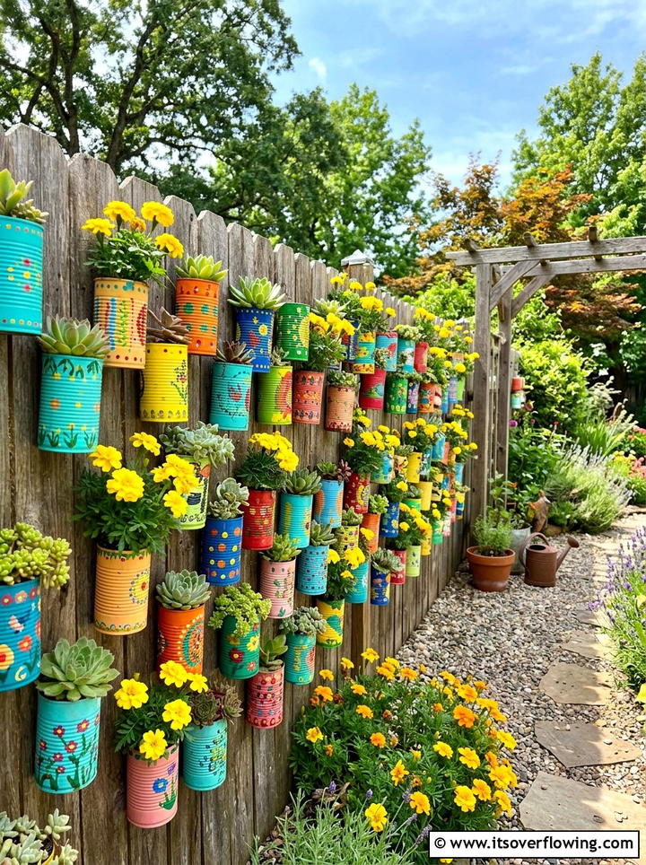 Recycled Tin Can Wall - 25 small garden ideas with vertical planters