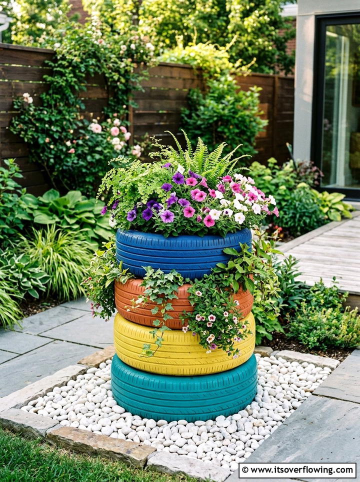 Recycled Tire Planter - 25 recycled garden ideas with pebbles