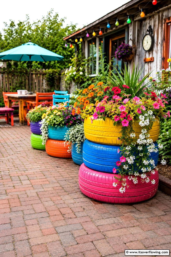 Recycled Tire Planters - 30 Rustic Patio Ideas for a Charming Outdoor Relaxation Spot