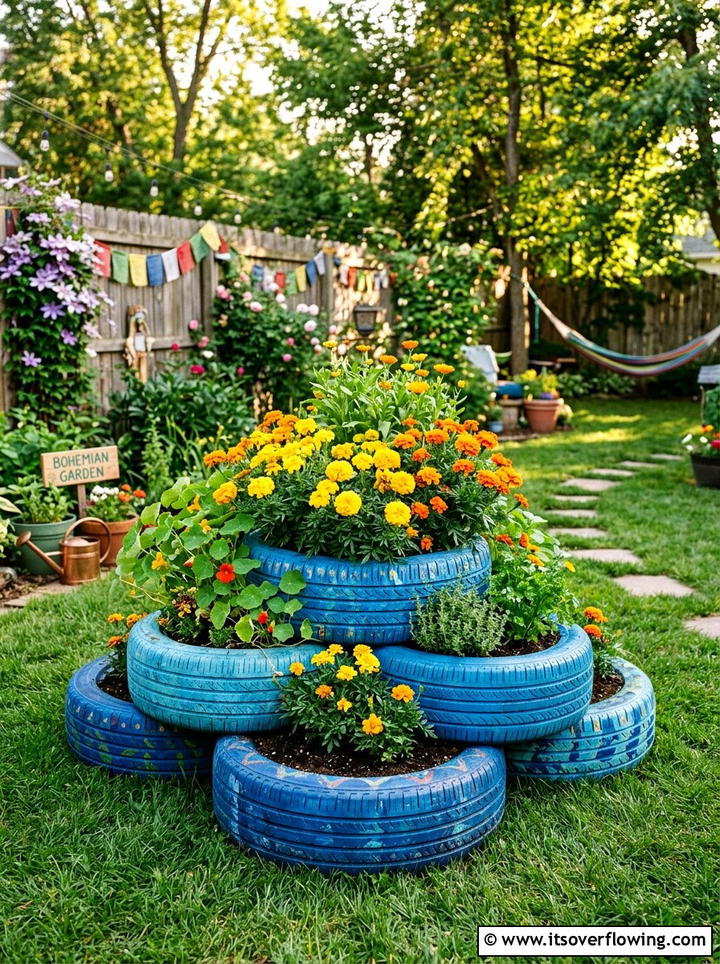 Recycled Tire Raised Garden Bed - 25 recycled garden ideas with self watering planters