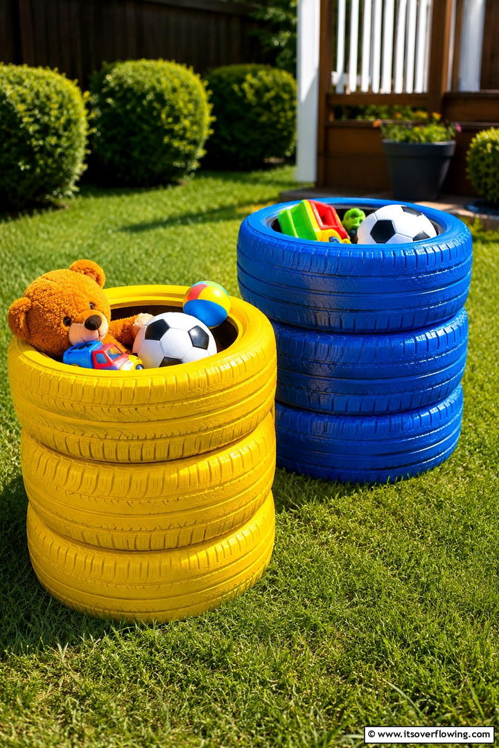 Recycled Tire Toy Bins - 30 Outdoor Toy Storage Ideas to Keep Your Yard Clutter-Free