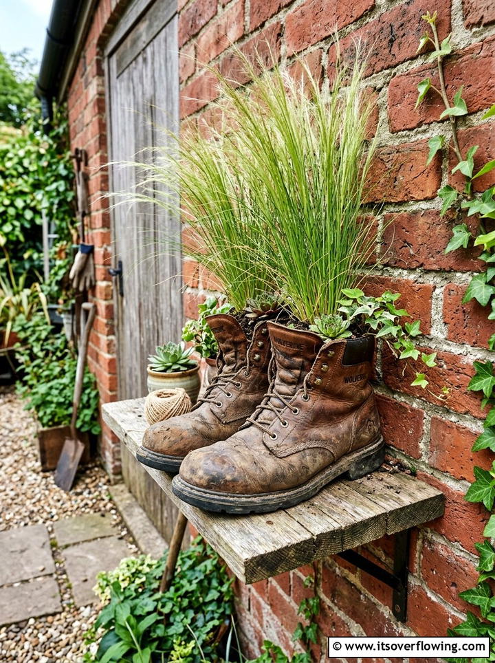 Recycled Work Boot Planter - 25 creative garden ideas with shoe planter wall
