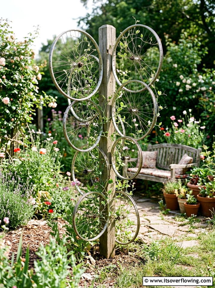 Recycled bicycle wheel trellis - 25 cheap garden ideas with homemade trellis