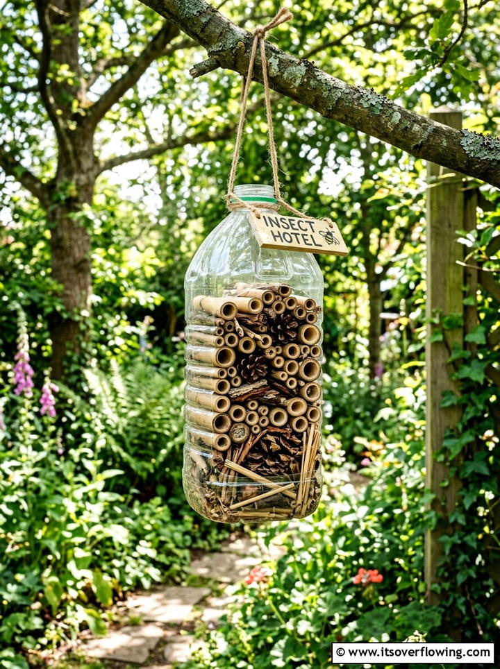 Recycled bottle insect hotel - 25 recycled garden ideas with vertical bottle wall
